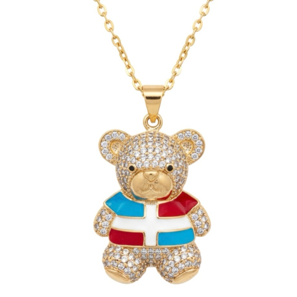 Iced Out Dominican Teddy Bear Pendant Necklace 18K Gold Layered AAA CZs Enamel